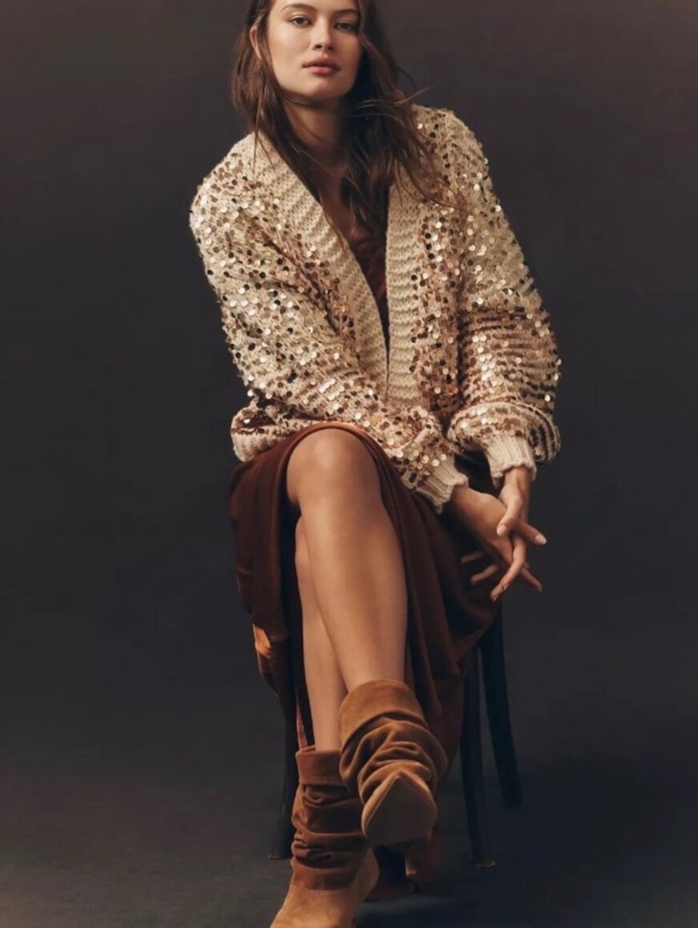 Anthropologie Gold Sequin Chunky Knit Open Front Cardigan One Size NWT